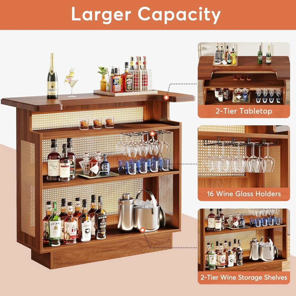 Farmhouse Rattan 4-Tier Liquor Cabinet Home Bar - Omega Lifestyles