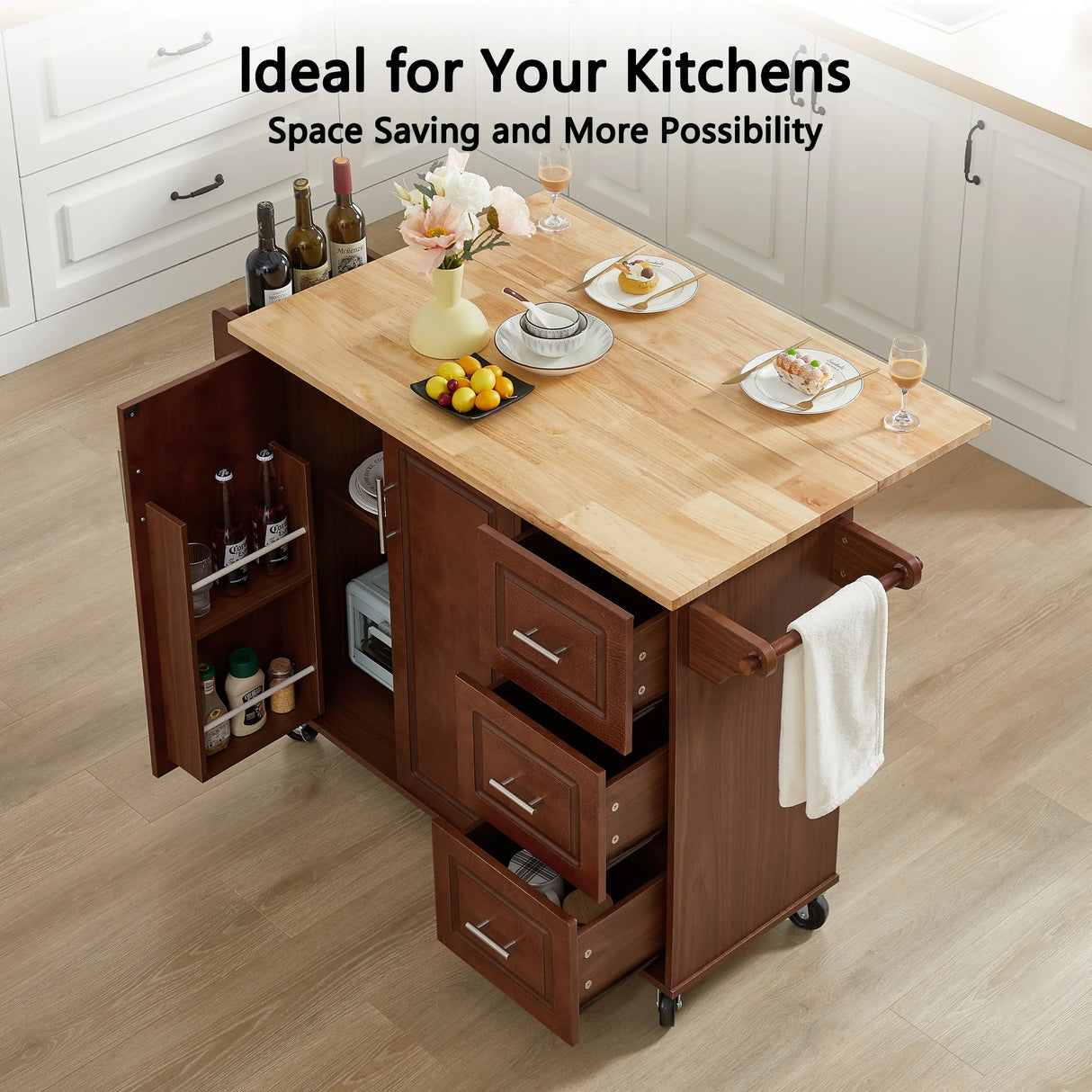 Rolling Kitchen Island Cart With Drop-Leaf Rubberwood Countertop - Omega Lifestyles