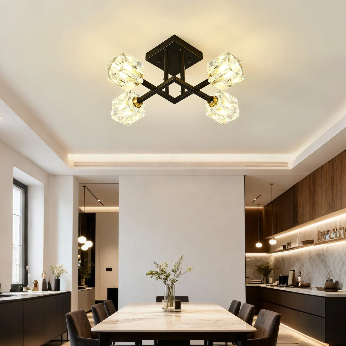 Modern Crystal Flush Mount Ceiling Light Matte Black - Omega Lifestyles