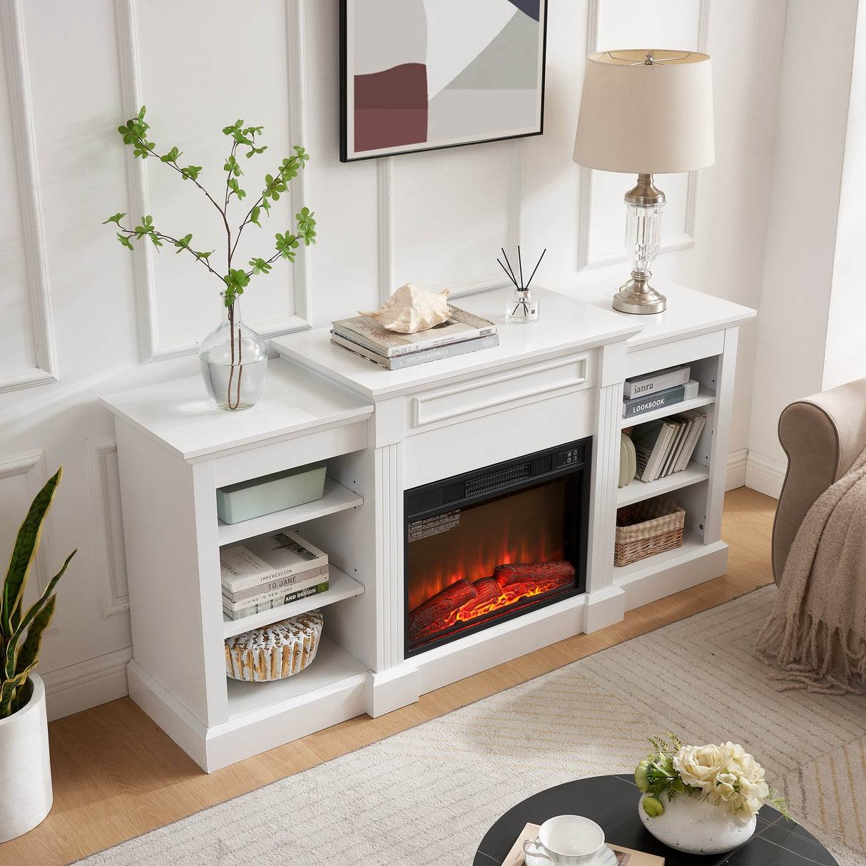 White Media Console Table With Fireplace Insert - Sleep Galleria