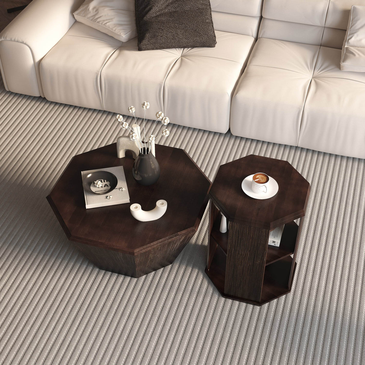 2-Piece Octagonal Black Walnut Rubber Wood Coffee Tables - Sleep Galleria