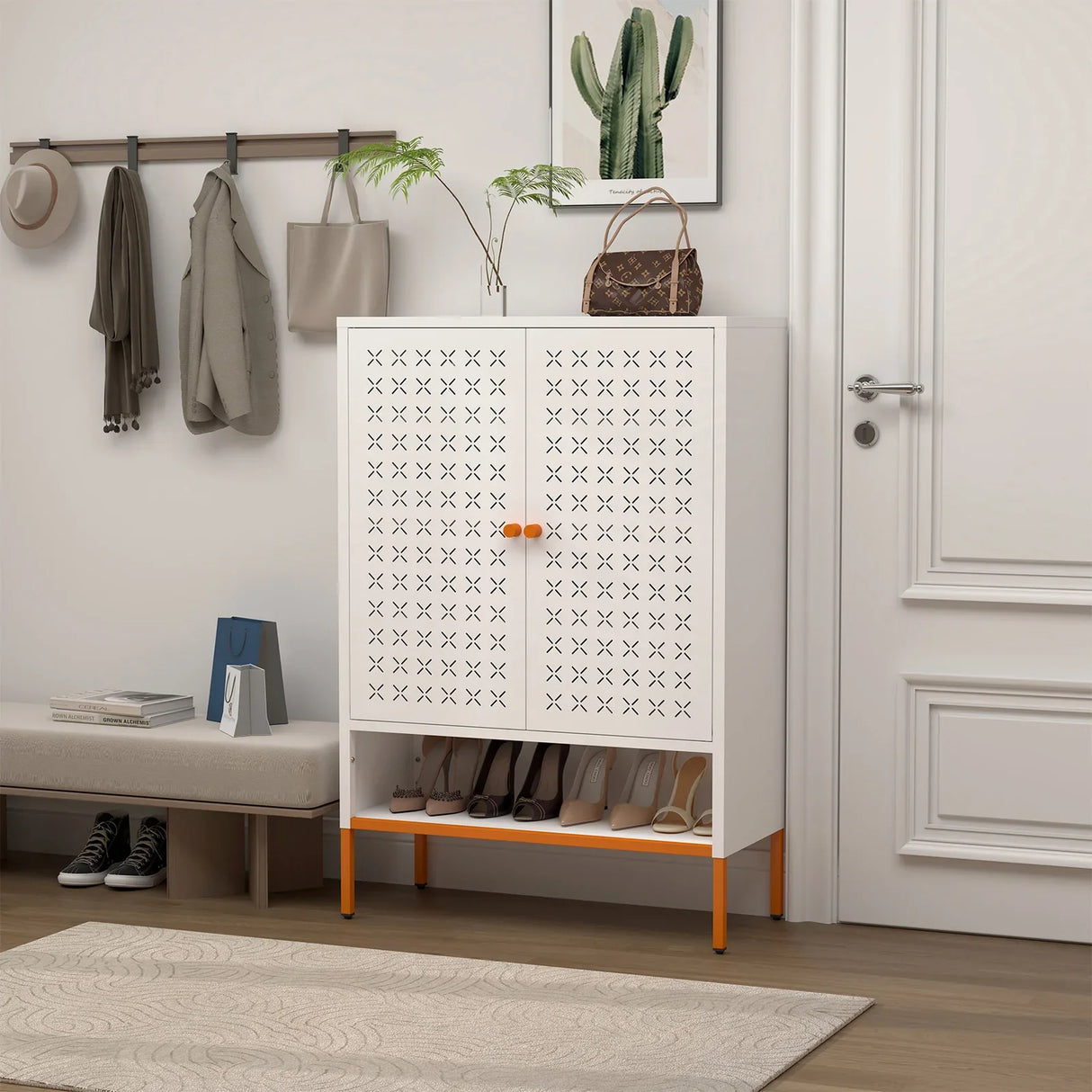 Modern White Metal Adjustable Shelf Shoe Cabinet - Omega Lifestyles