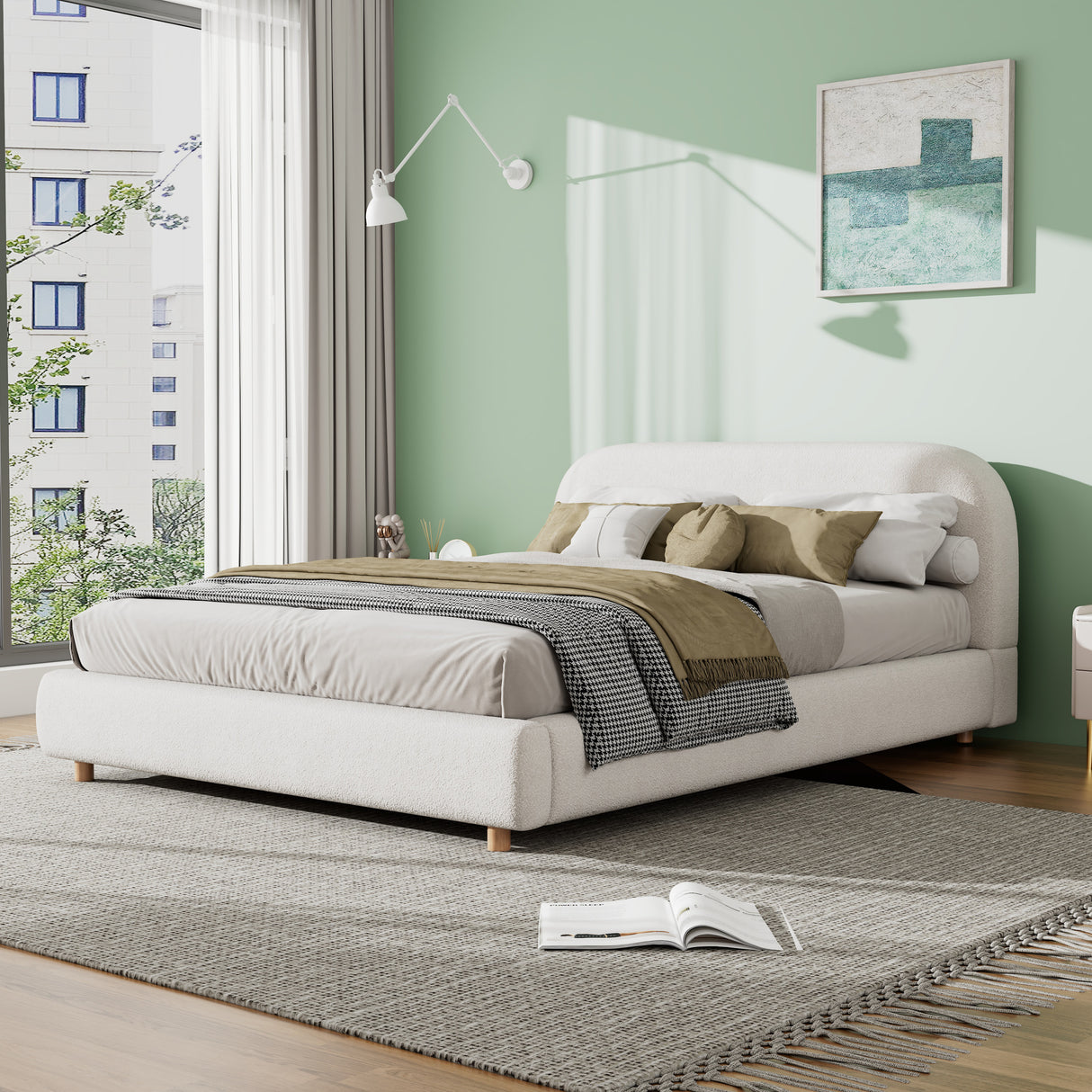 Queen Upholstered Boucle Fabric Platform Bed Frame