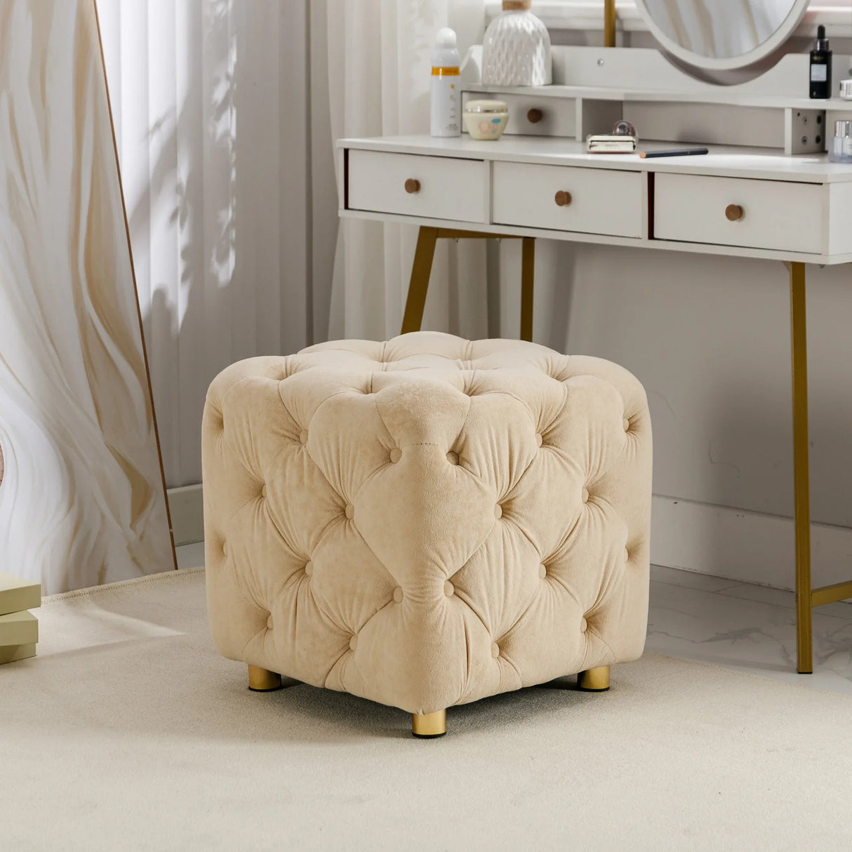 Beige Velvet Storage Ottoman With Concealed Compartment - Omega Lifestyles