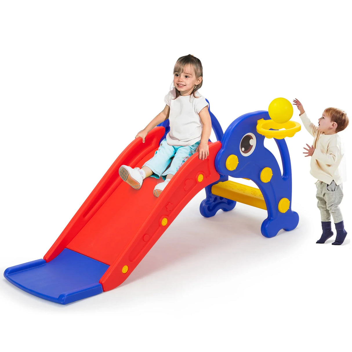 Toddler Dolphin Play Slide With Basketball Hoop and Ladder - Omega Lifestyles
