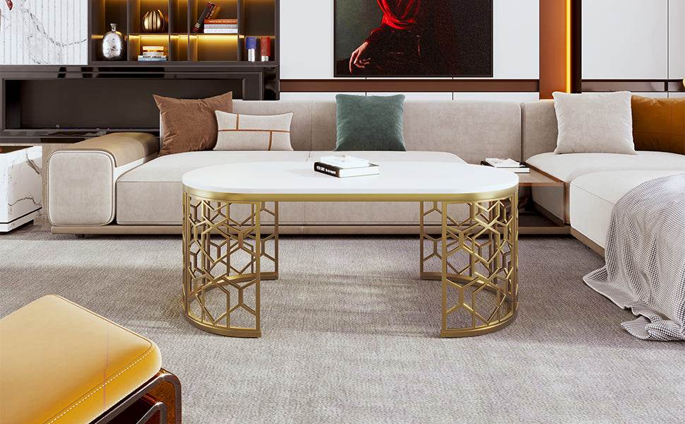 Modern Oval White MDF Gold Metal Coffee Table - Sleep Galleria