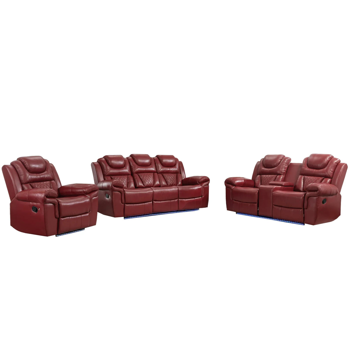 Wine Red Faux Leather Manual Recliner Sofa Set With LED Strip - Omega Lifestyles