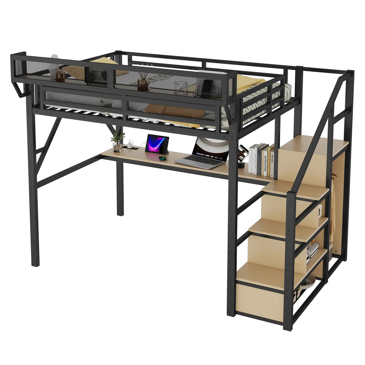 Full Metal Full Size Loft Bed With Desk Charging Station - Omega Lifestyles