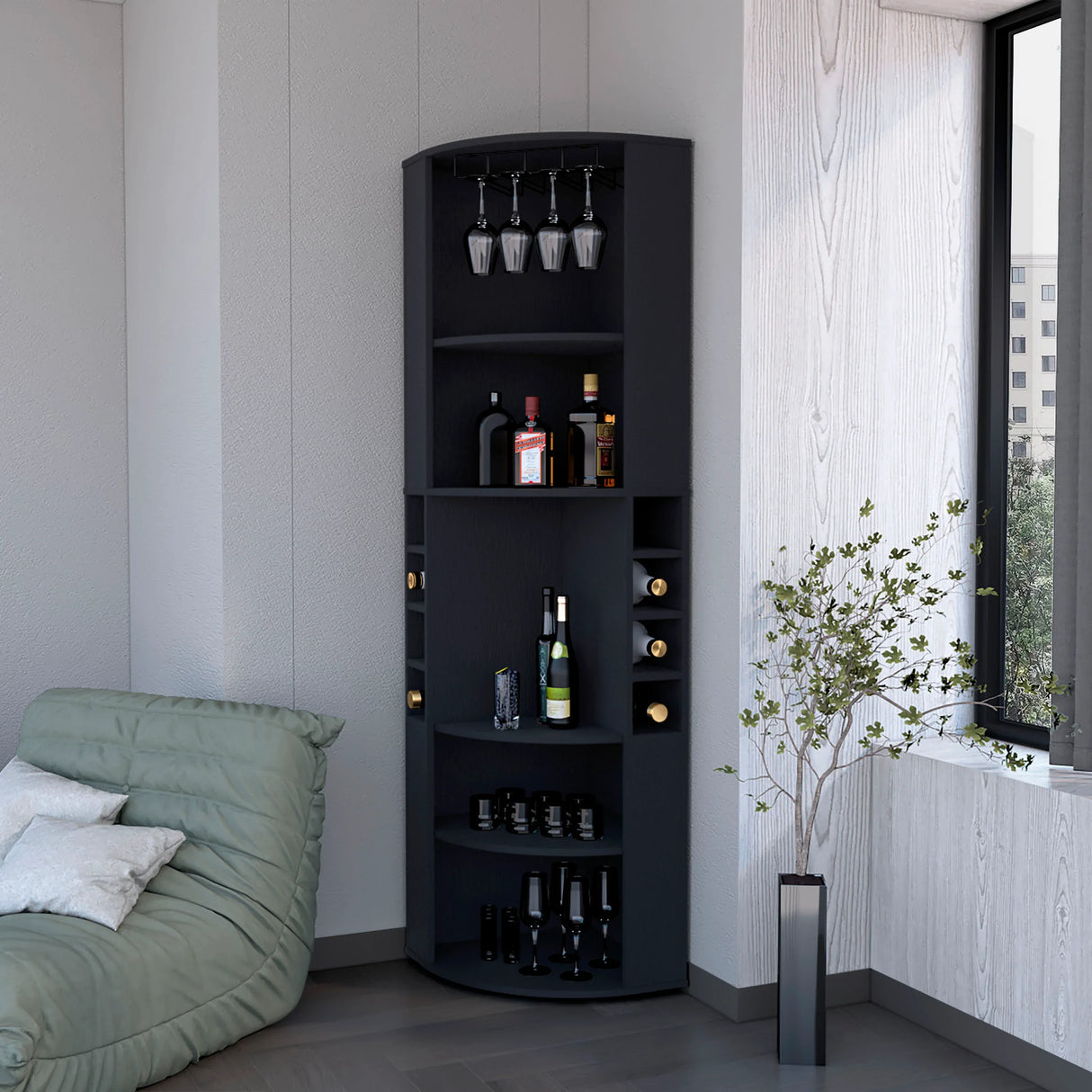 Modern Corner Black Bar Cabinet With Wine Rack - Omega Lifestyles