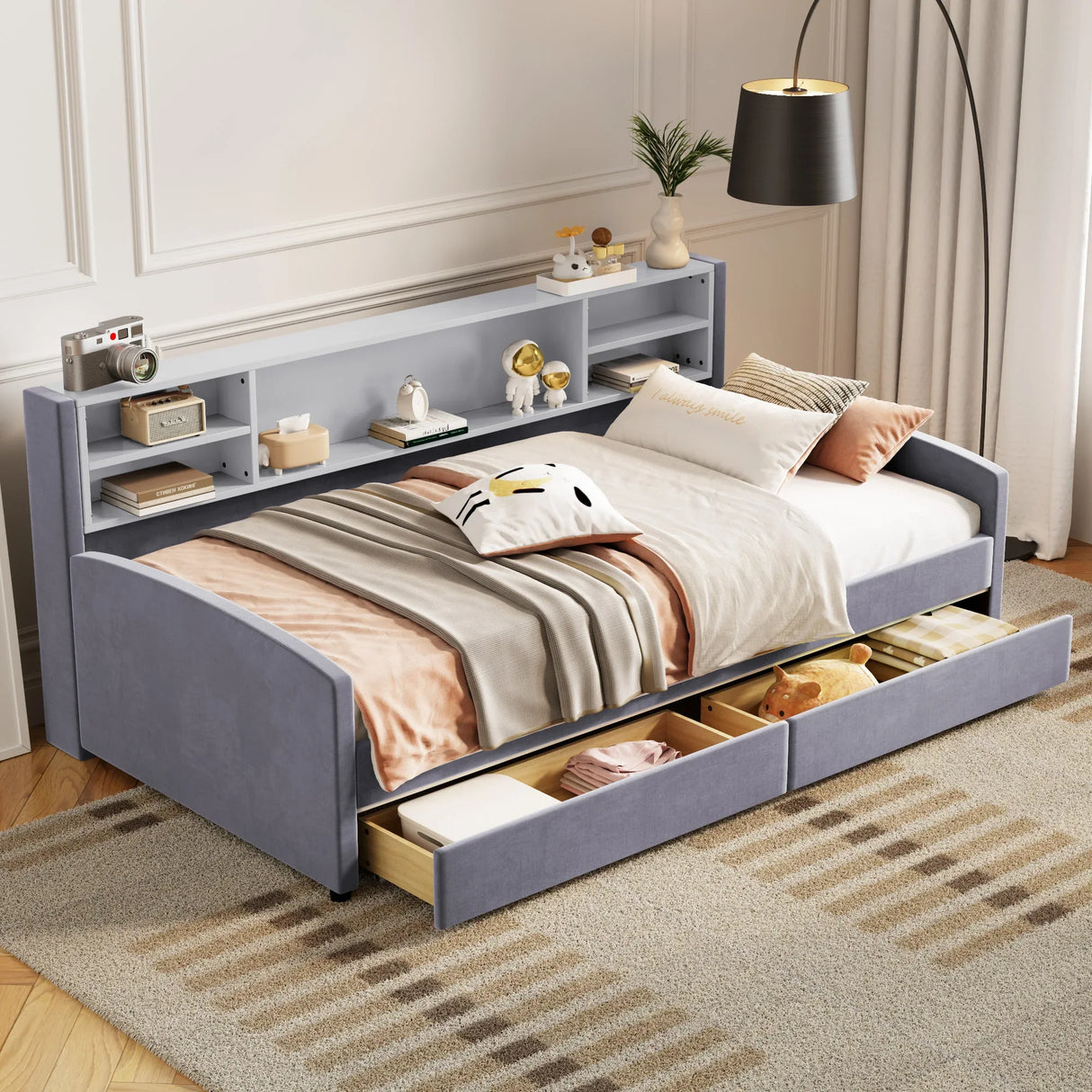Twin Velvet Upholstered Platform Bed With Storage Drawers - Omega Lifestyles