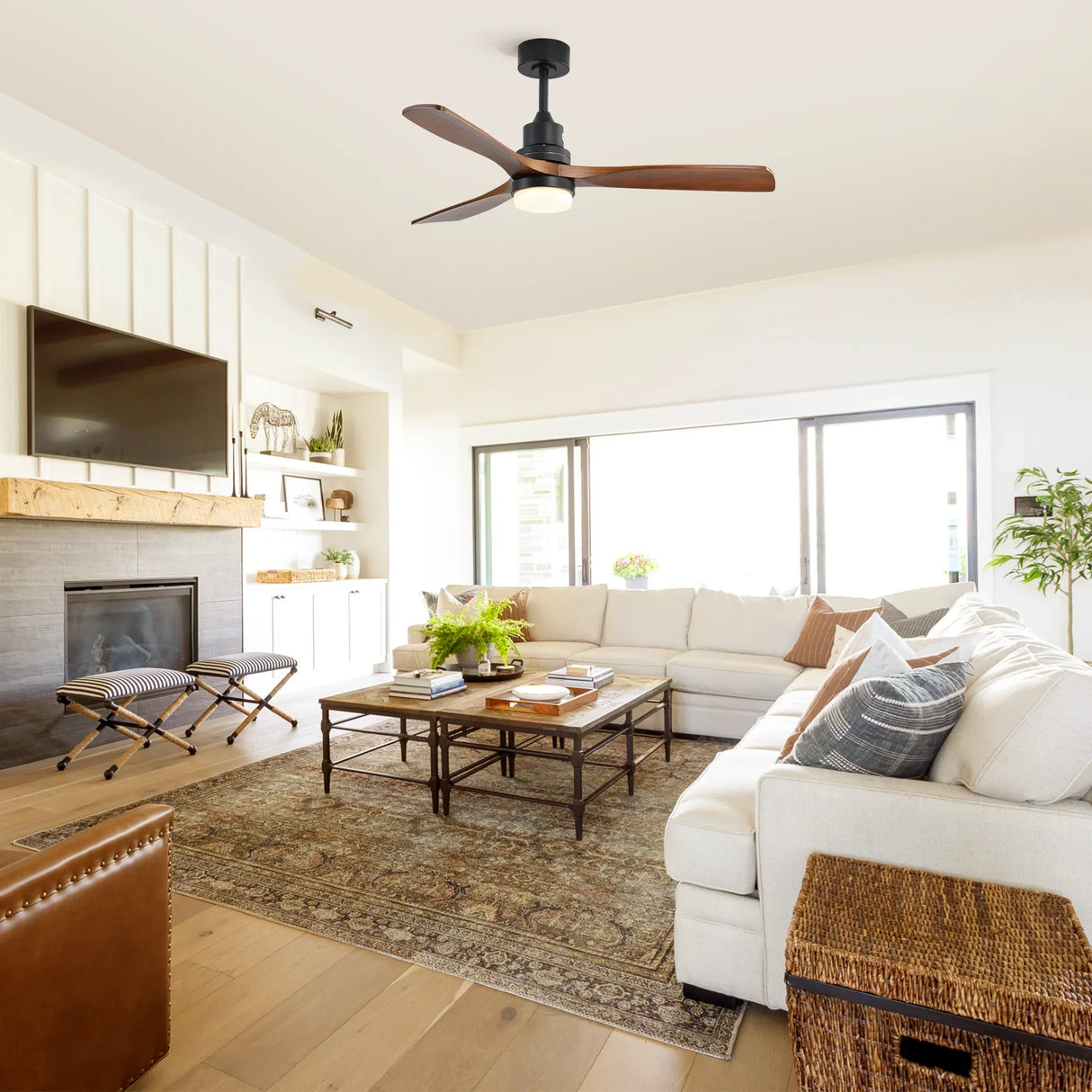 52-Inch Remote-Controlled Reversible Walnut Wood Ceiling Fan - Omega Lifestyles