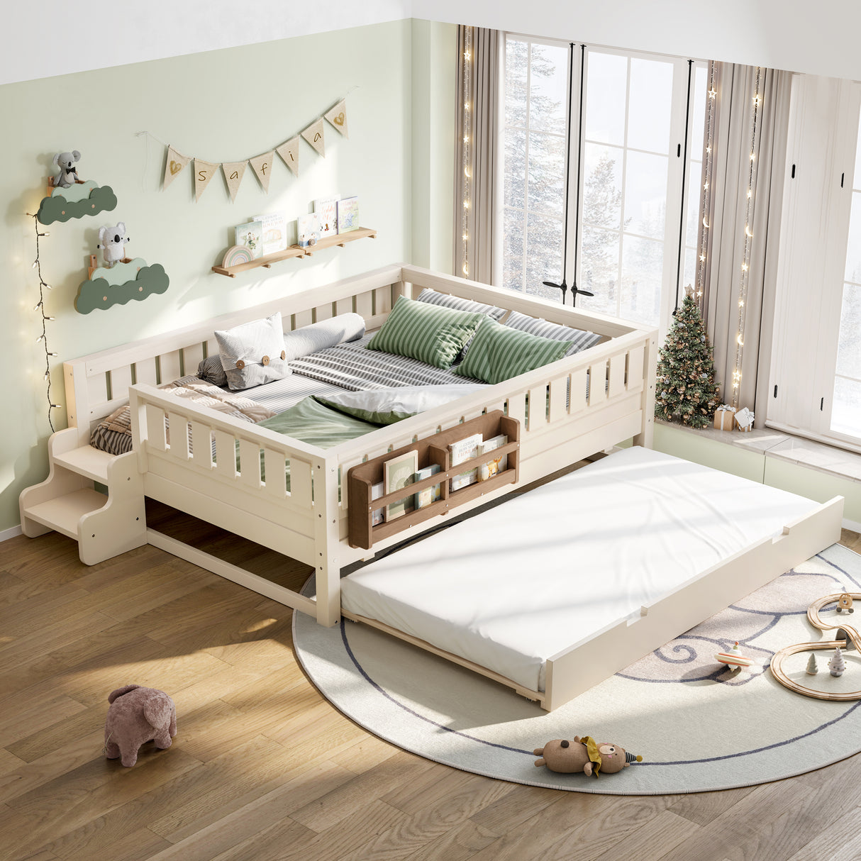 Full Beige Kids Storage Bed With Staircase And Trundle
