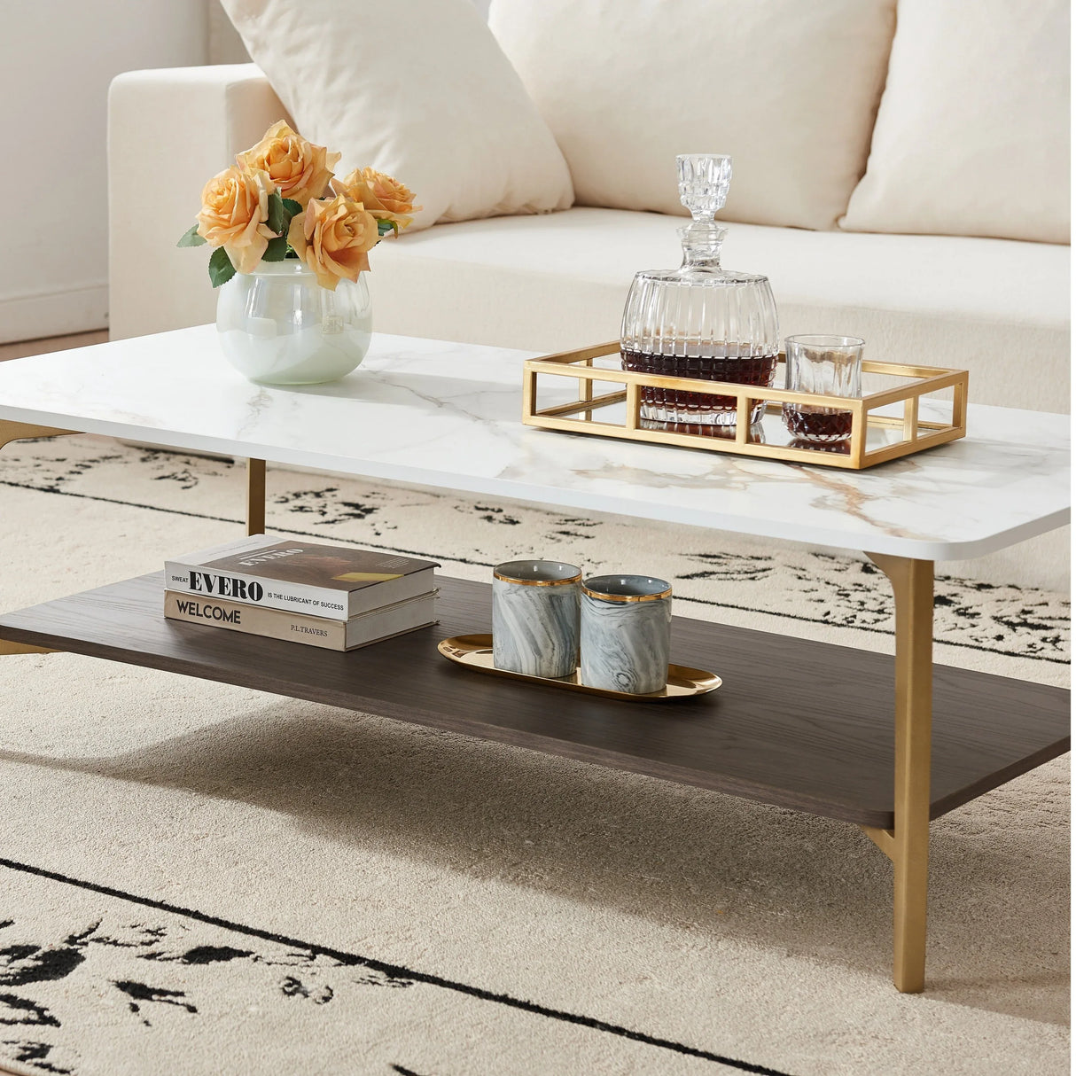Golden White MDF Metal Frame Rectangular Coffee Table - Omega Lifestyles