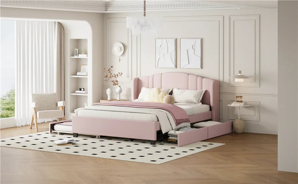 Queen Upholstered Linen Platform Bed With Trundle Drawers - Omega Lifestyles