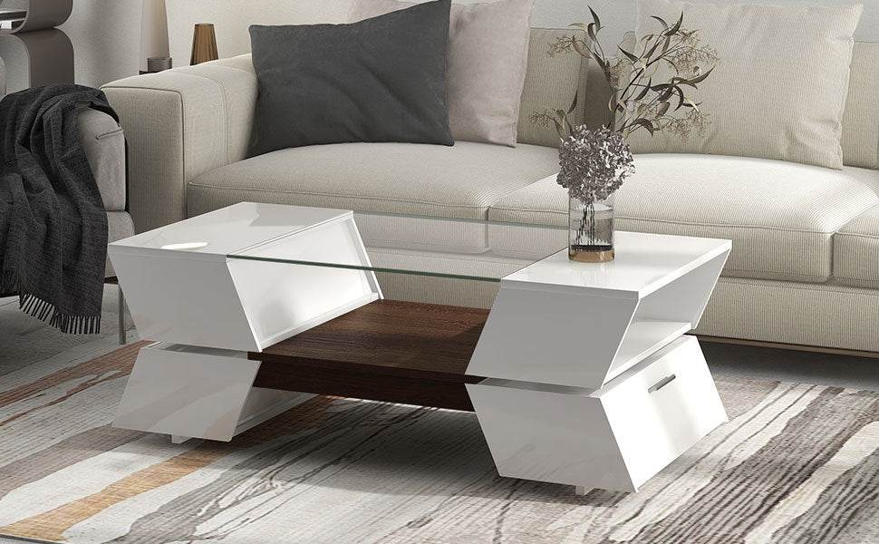 Modernist 2-Tier White Glass Top Coffee Table - Sleep Galleria