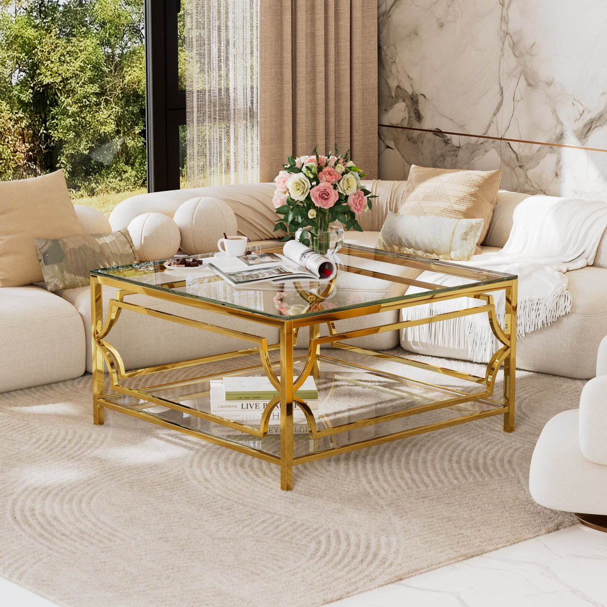 Square Tempered Glass Coffee Table With Gold Frame - Sleep Galleria