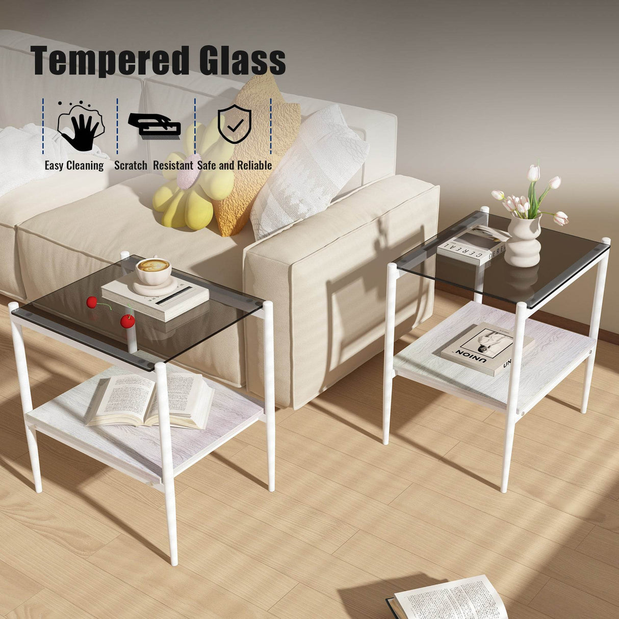 Set Of 3 Modern Tempered Glass Coffee End Tables - Sleep Galleria