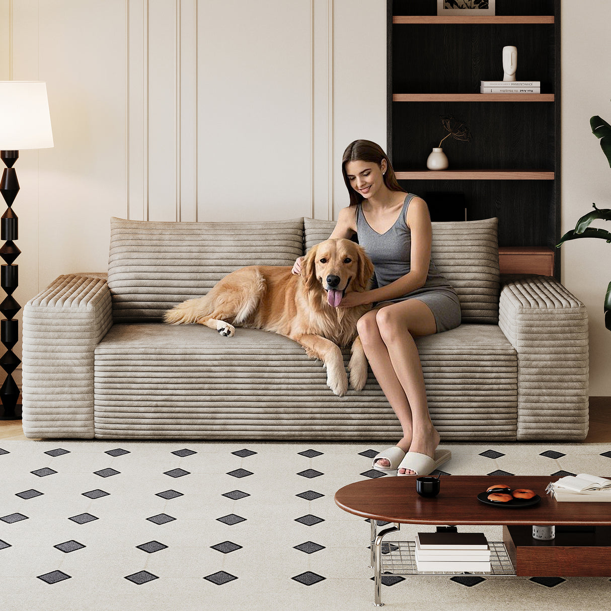 Modern Camel Fabric High-Density Foam Loveseat Sofa