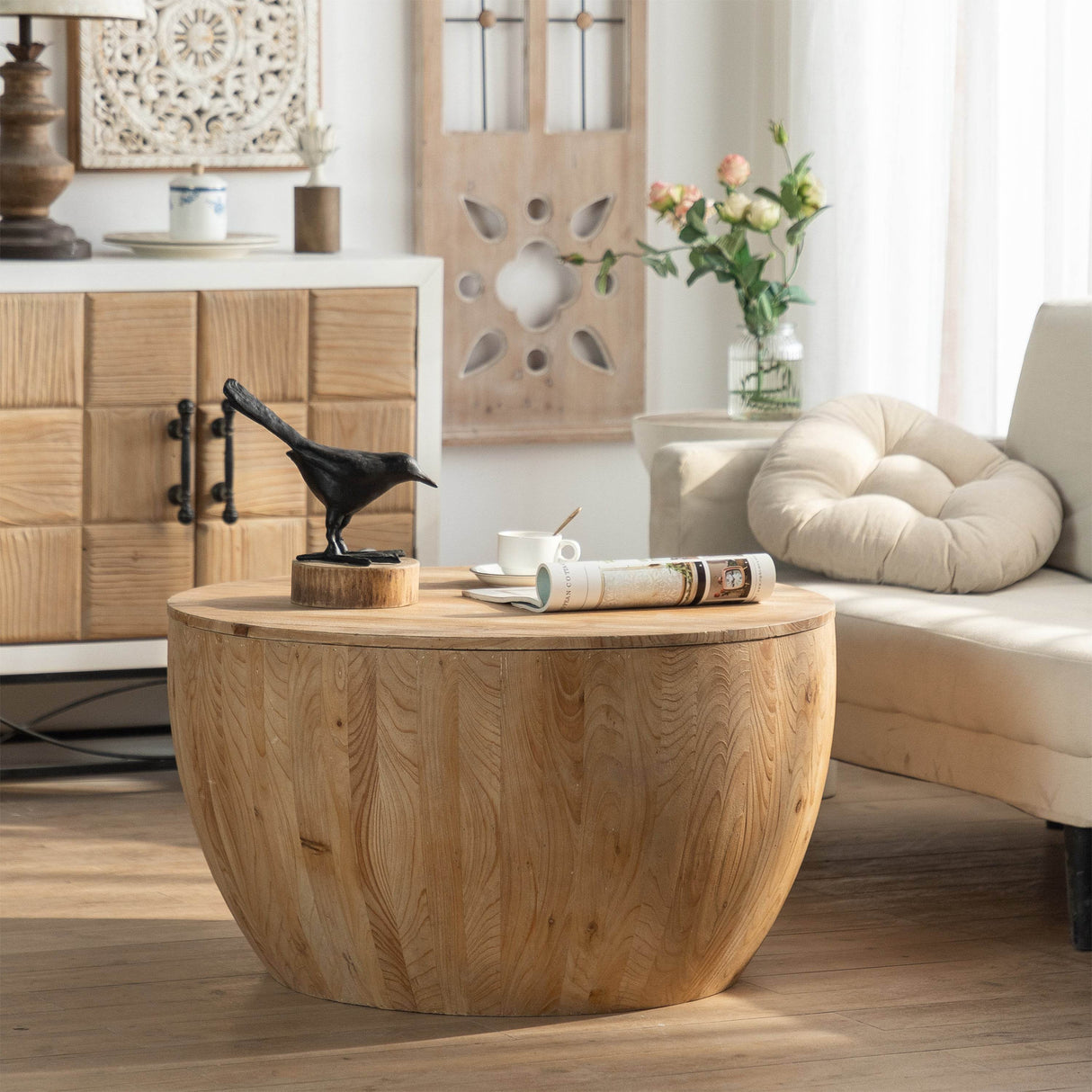 Vintage Barrel Shaped Fir Wood Storage Coffee Table - Sleep Galleria