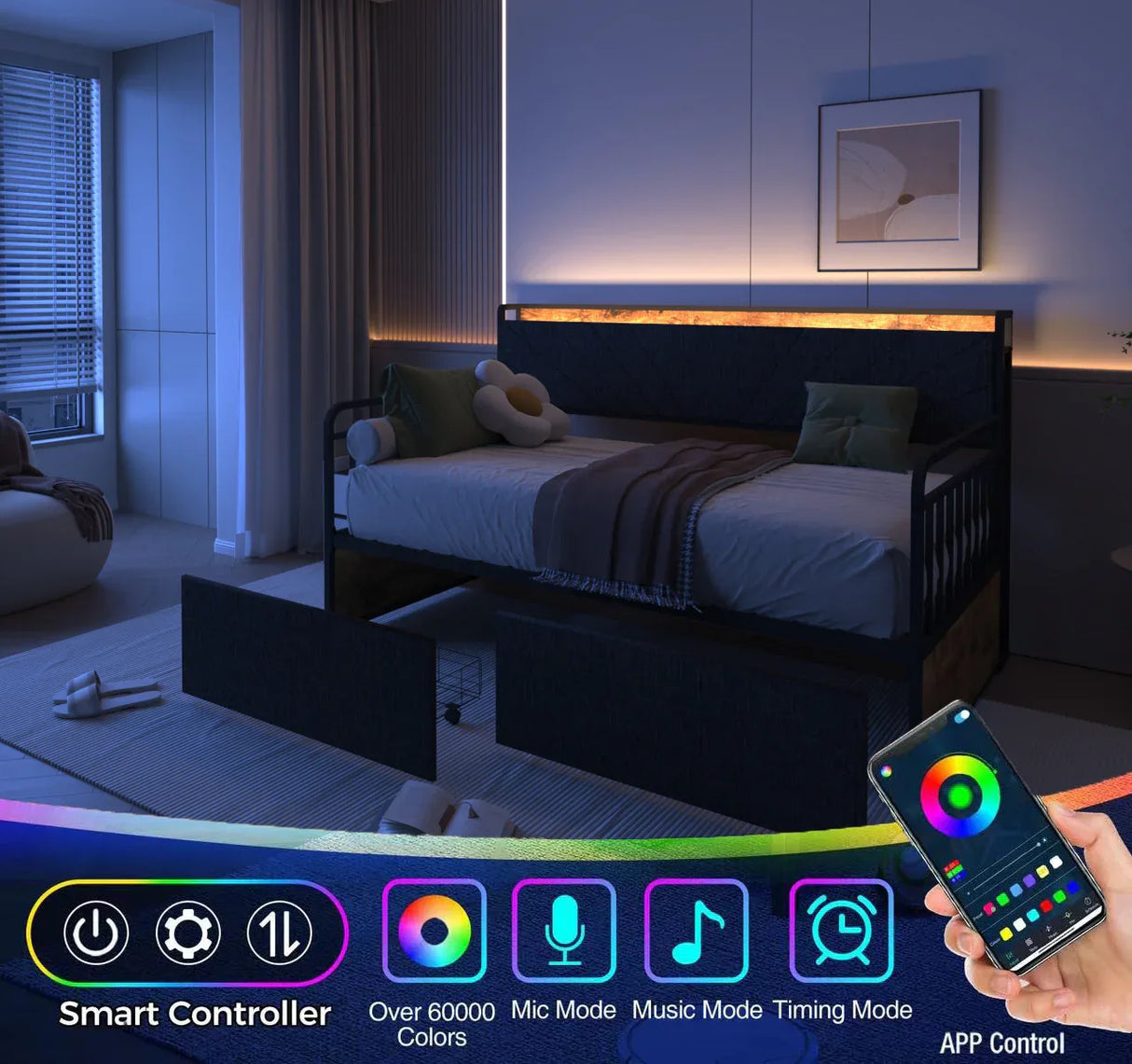 Twin Metal Bed Frame With Upholstered Headboard Charging - Omega Lifestyles