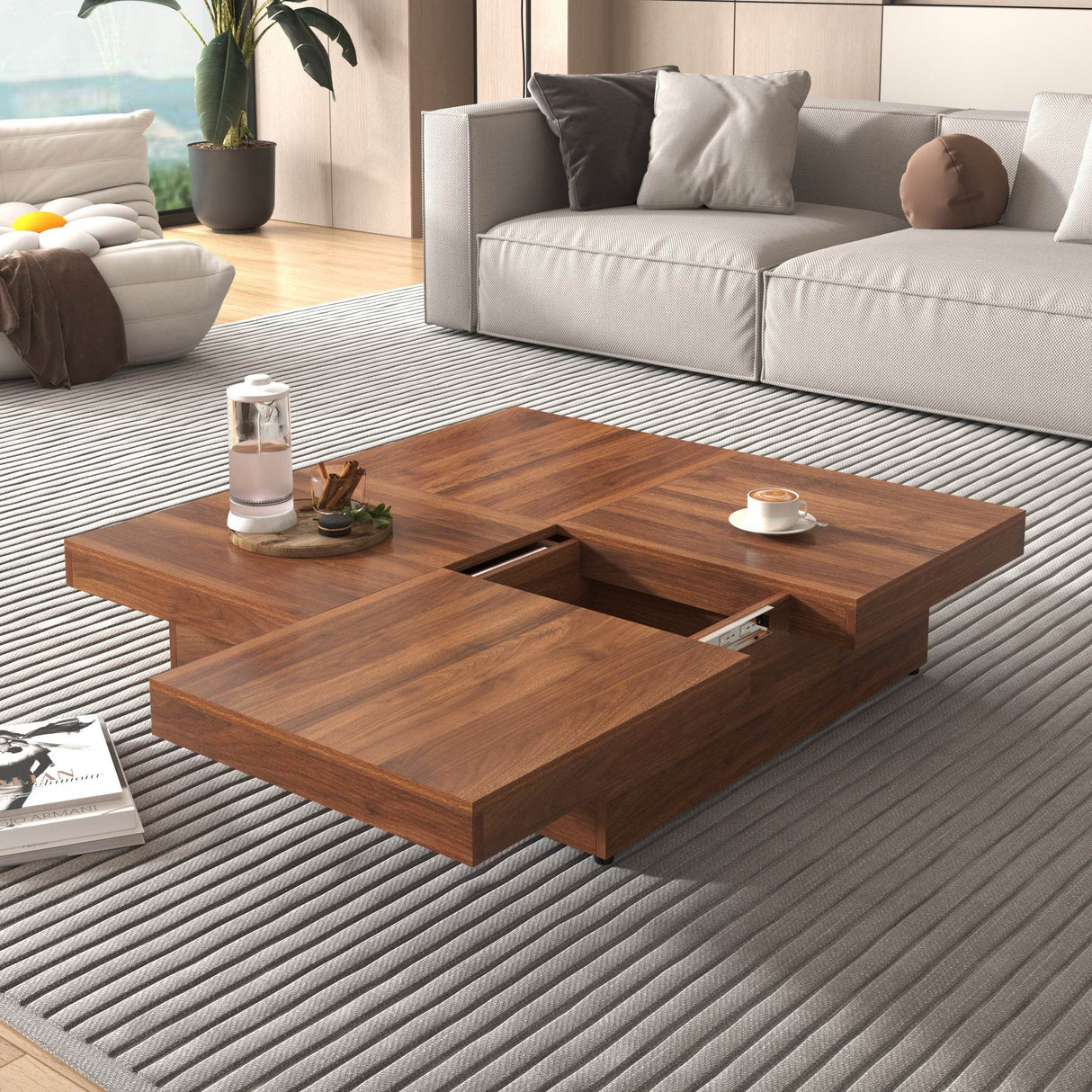 Square Walnut Veneer Coffee Table With Sliding Storage - Sleep Galleria