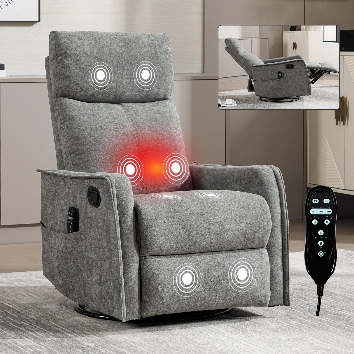Heat Massage Recliner Chair With Swivel Rocker And Lumbar Heat - Omega Lifestyles