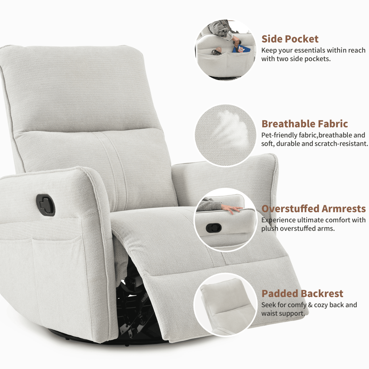 360 - Degree Swivel Medium - Soft Upholstered Recliner Chair - Calmora - Omega Lifestyles