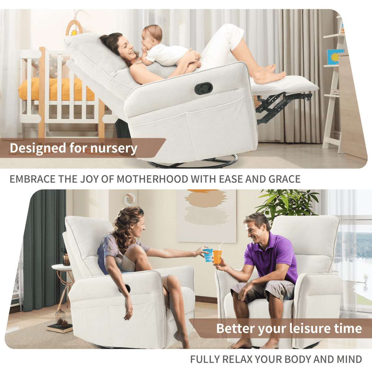 360 - Degree Swivel Medium - Soft Upholstered Recliner Chair - Calmora - Omega Lifestyles