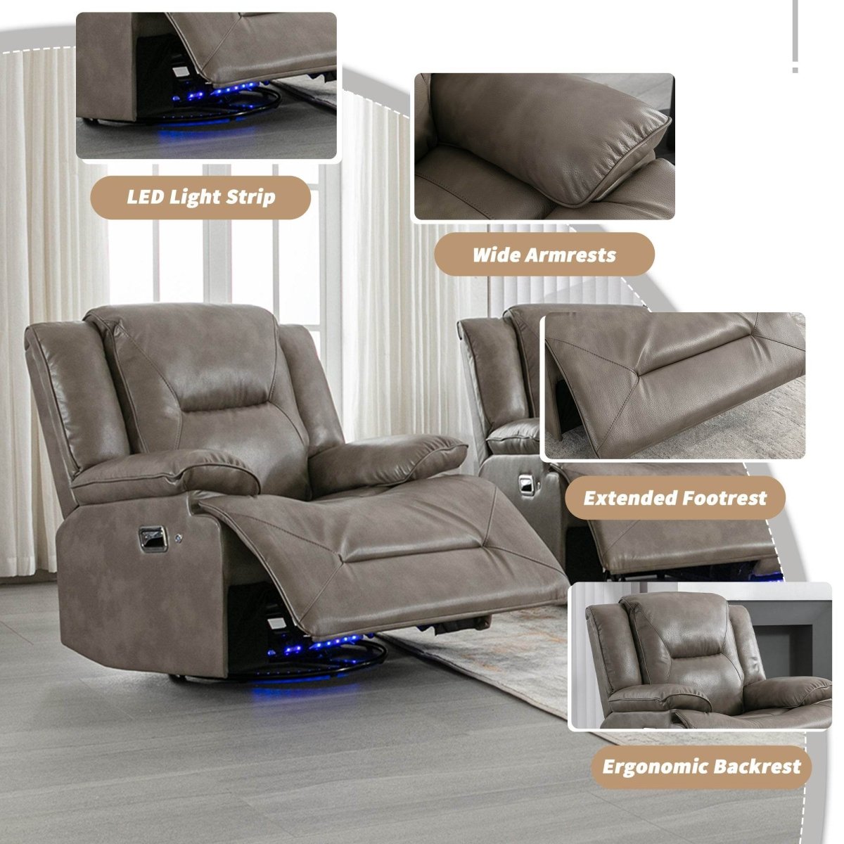 360° Swivel and Rocking Home Theater Recliner Manual Recliner Chair with a LED Light Strip for Living Room,Bedroom, Grey - Calmora - Omega Lifestyles