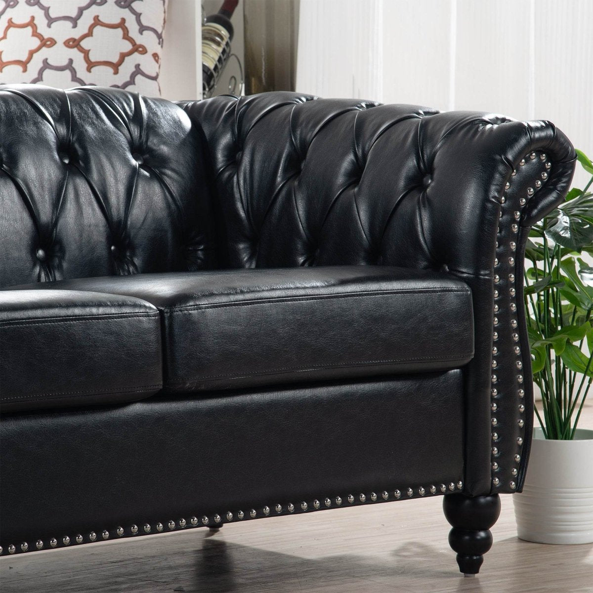 Black PU Rolled Arm Chesterfield Sofa - Sleep Galleria