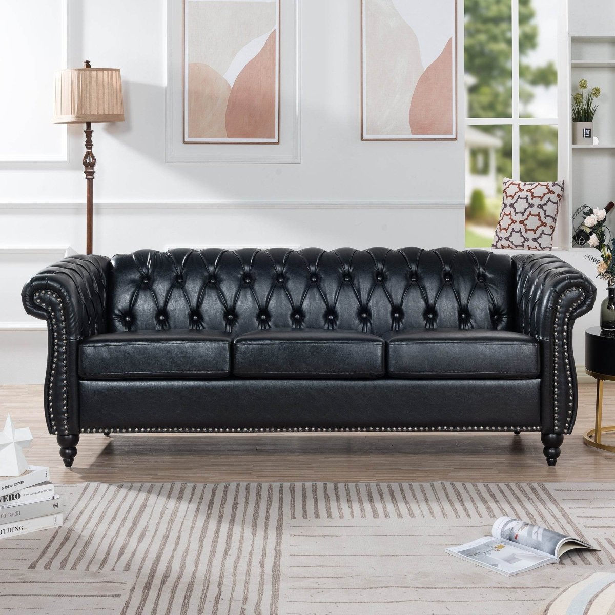 Black PU Rolled Arm Chesterfield Sofa - Sleep Galleria