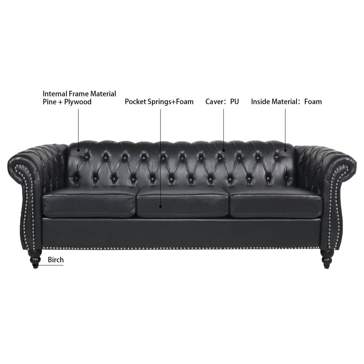Black PU Rolled Arm Chesterfield Sofa - Sleep Galleria