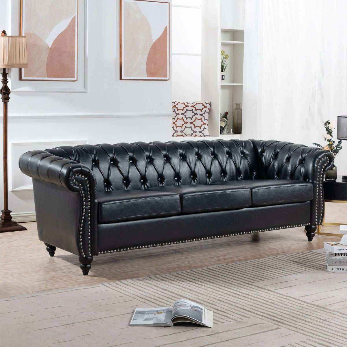 Black PU Rolled Arm Chesterfield Sofa - Sleep Galleria