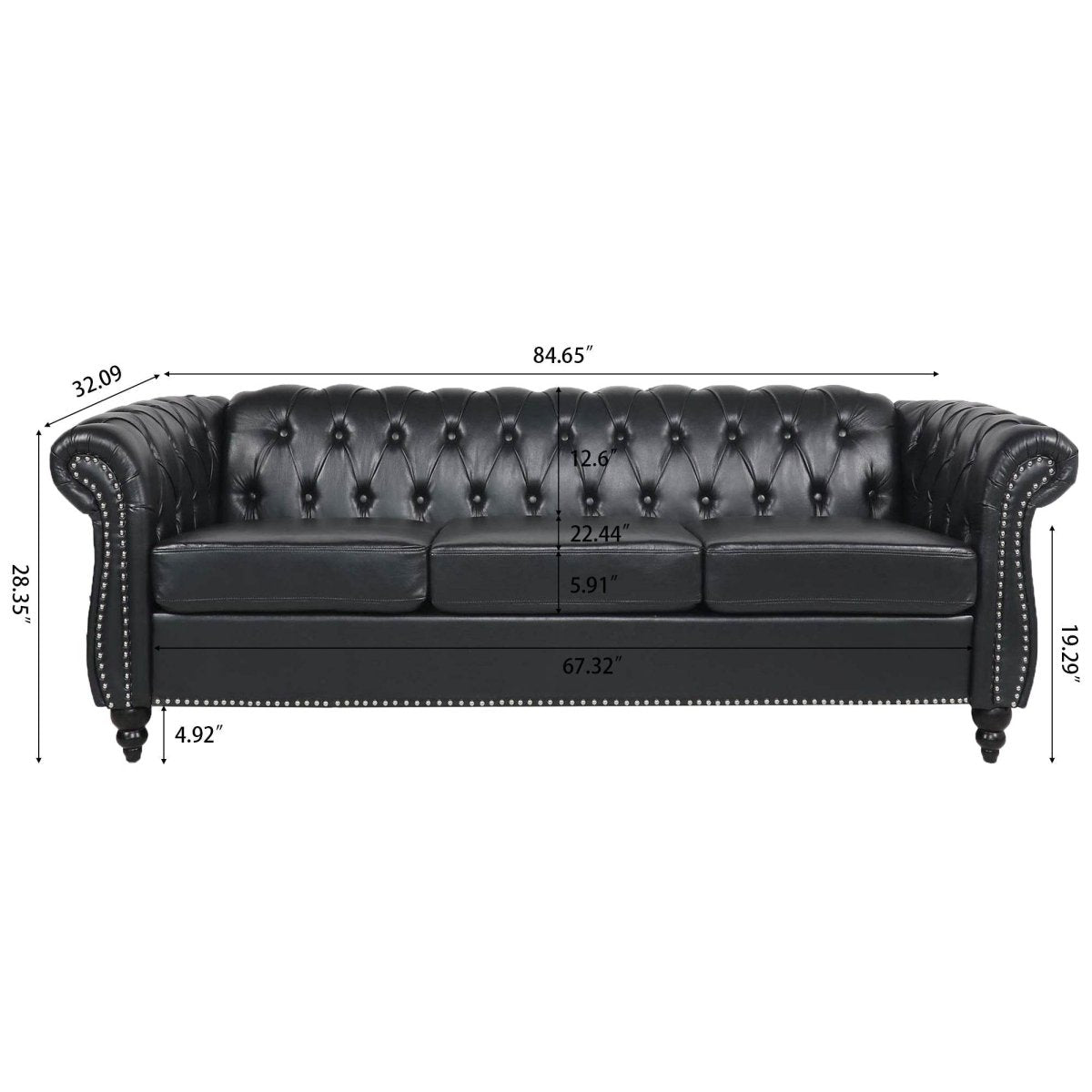 Black PU Rolled Arm Chesterfield Sofa - Sleep Galleria