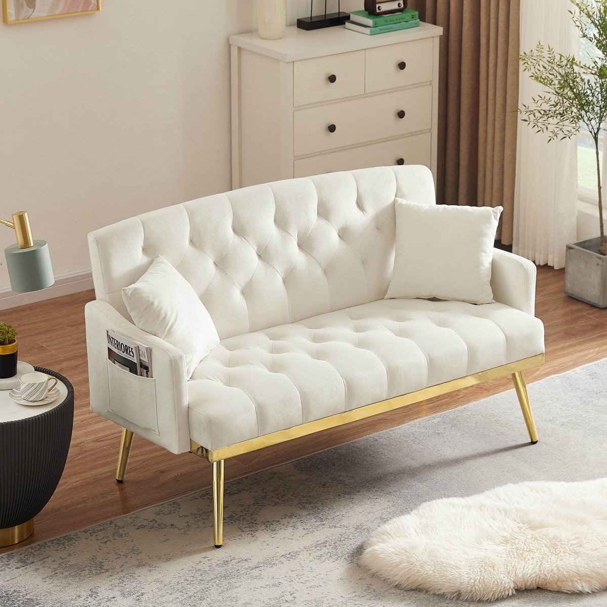 Cream White Velvet Tufted Sofa - Omega Lifestyles