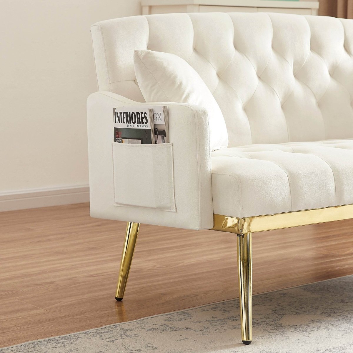 Cream White Velvet Tufted Sofa - Omega Lifestyles