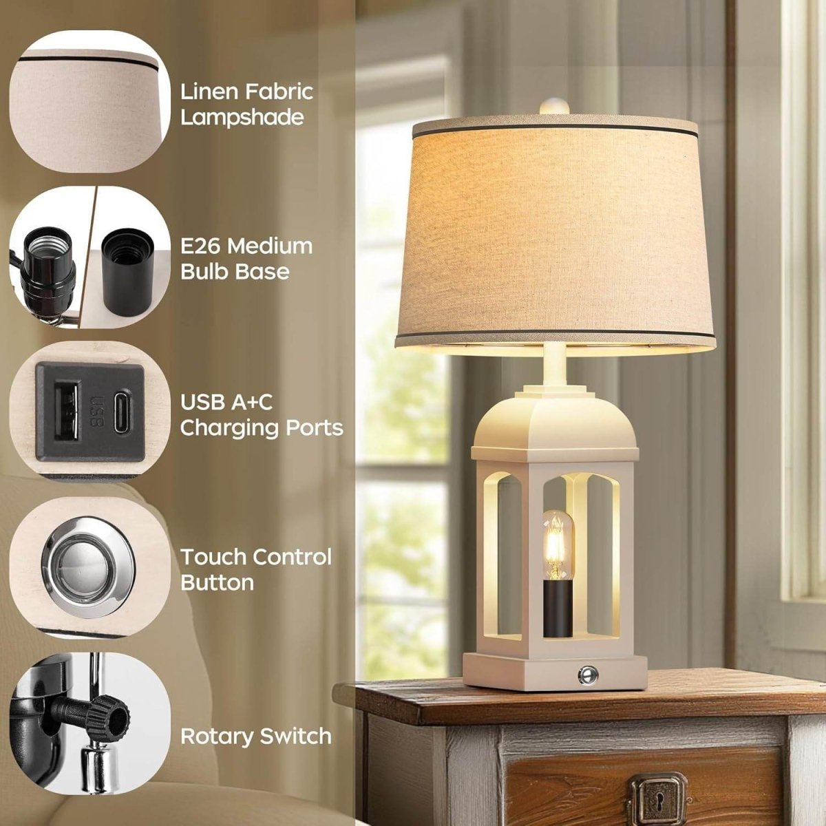 Farmhouse Rustic Set Of 2 USB Table Lamps With Nightlight - Sleep Galleria