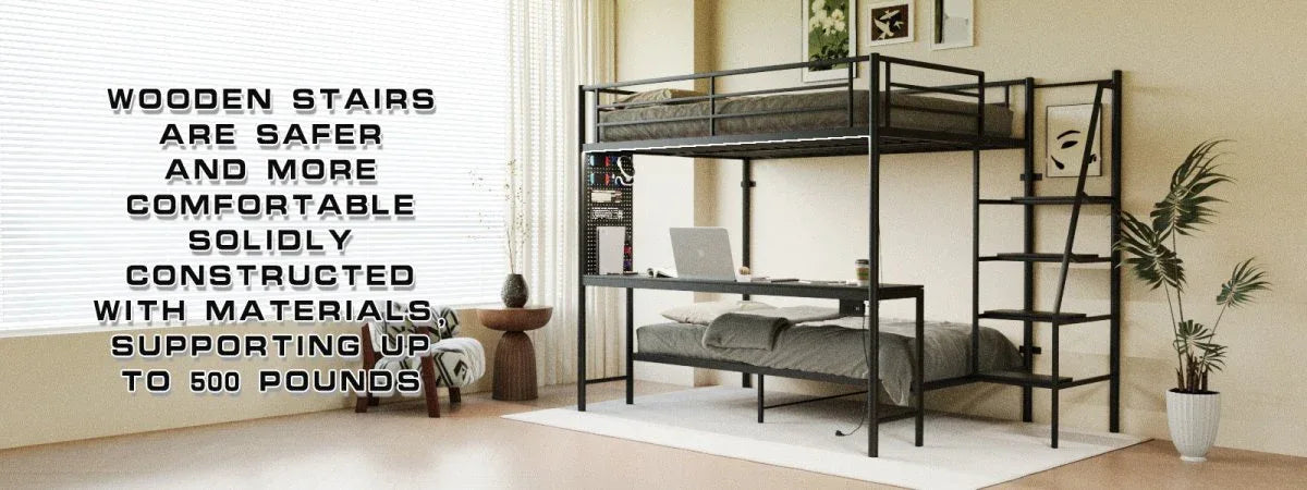 Full Size Metal Wood Bunk Bed With LED Light And Desk - Omega Lifestyles