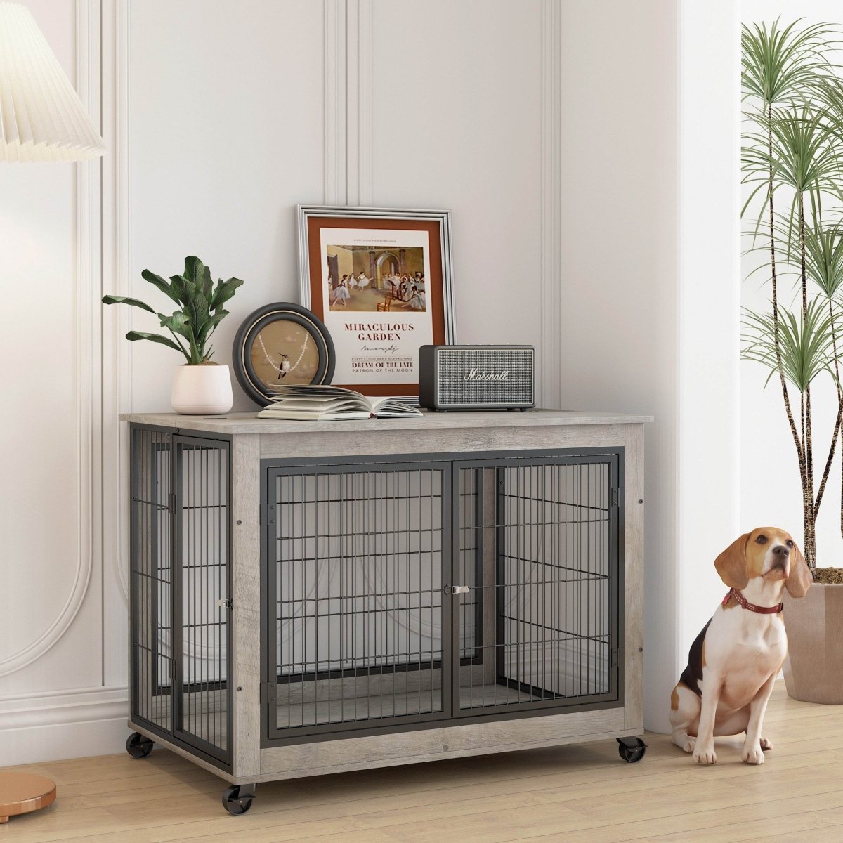 Furniture Style Dog Crate With Rolling Casters And Double Doors - Sleep Galleria