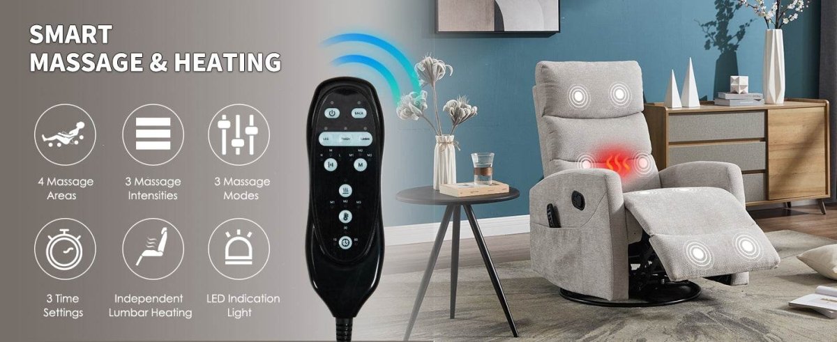 Medium - Firm Heat Massage Recliner Chair With Swivel And Rocker - Calmora - Omega Lifestyles