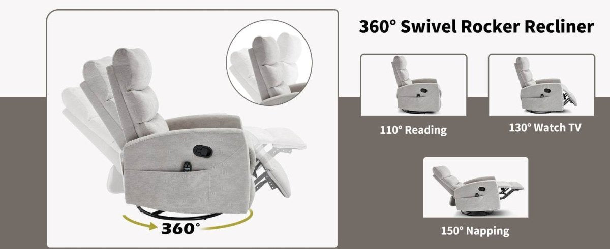 Medium - Firm Heat Massage Recliner Chair With Swivel And Rocker - Calmora - Omega Lifestyles