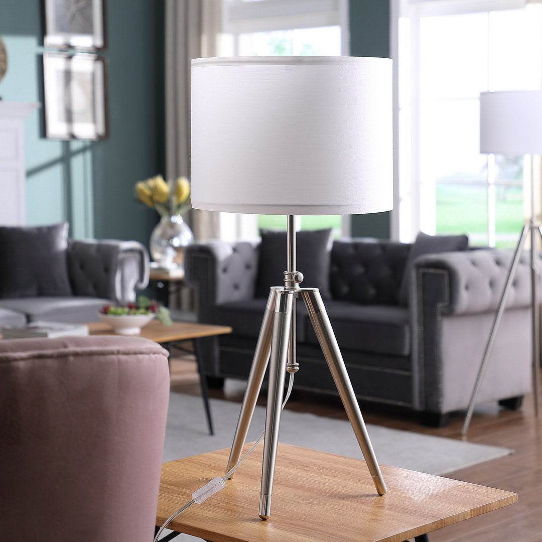 Mid-Century Adjustable Tripod Brushed Silver Metal Table Lamp - Sleep Galleria