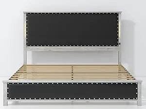 PU Leather Platform Bed Frame with Charging Station and LED Lights - Omega Lifestyles