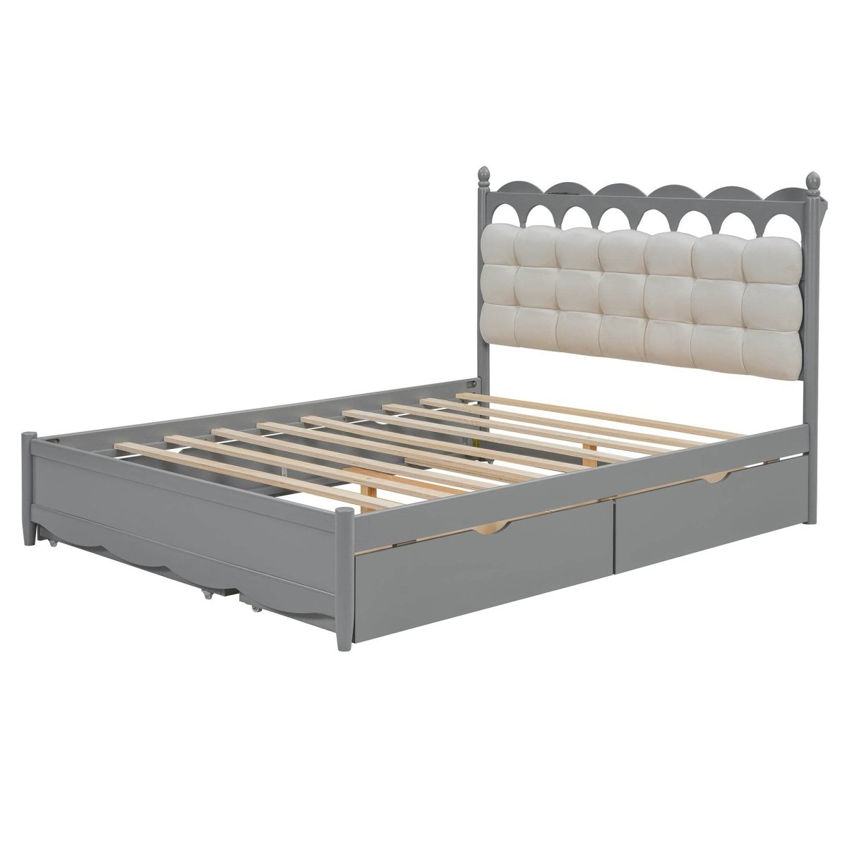 Queen Platform Bed With Trundle Drawers USB Ports Gray - Omega Lifestyles