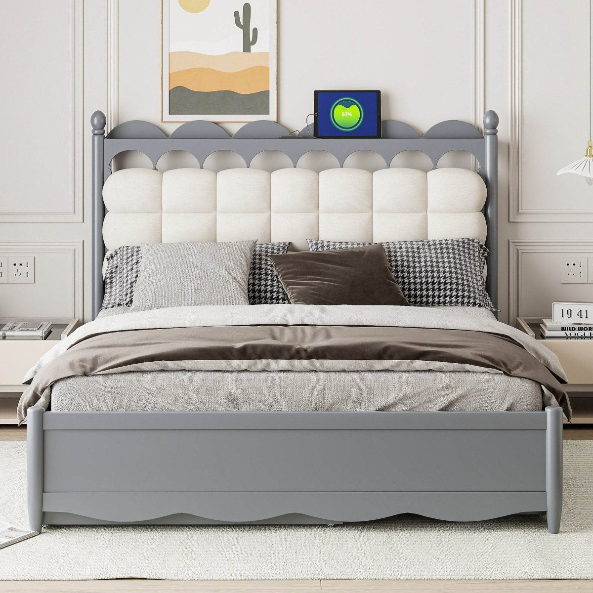 Queen Platform Bed With Trundle Drawers USB Ports Gray - Omega Lifestyles