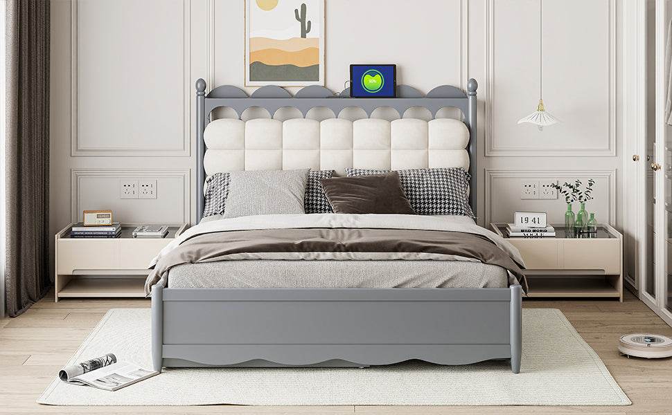 Queen Platform Bed With Trundle Drawers USB Ports Gray - Omega Lifestyles