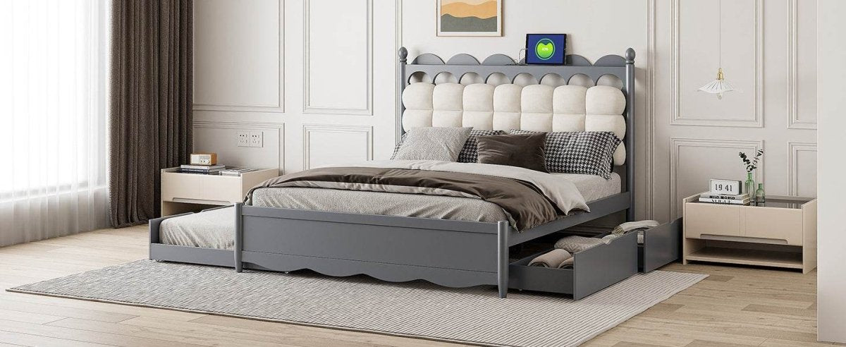 Queen Platform Bed With Trundle Drawers USB Ports Gray - Omega Lifestyles