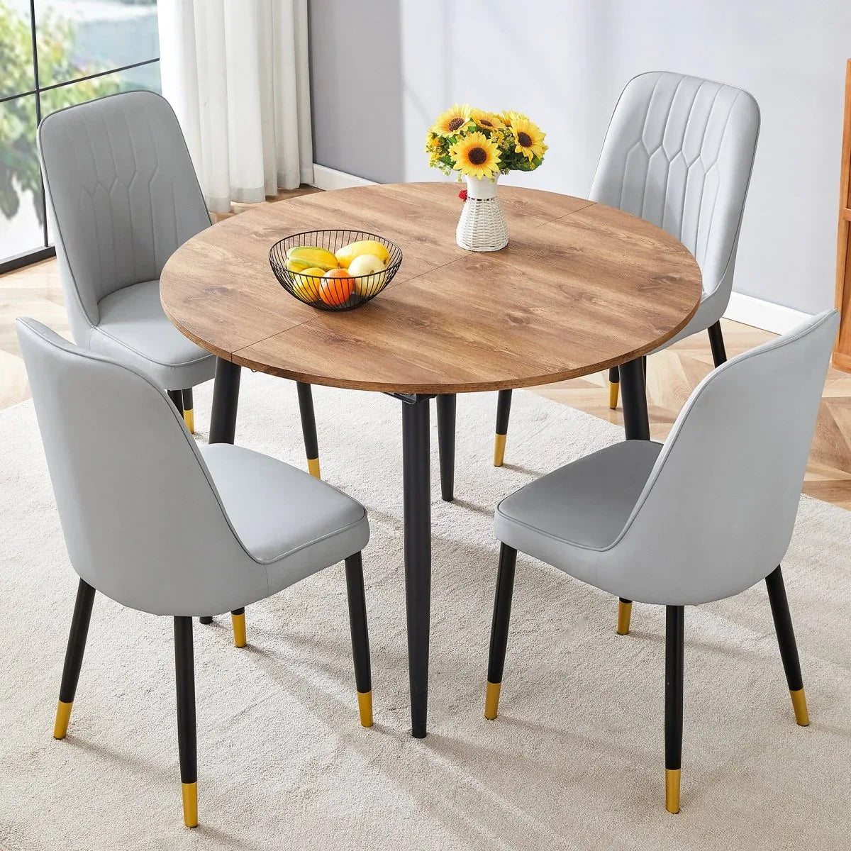 Round Extendable MDF Dining Table With 4 PU Chairs - Omega Lifestyles