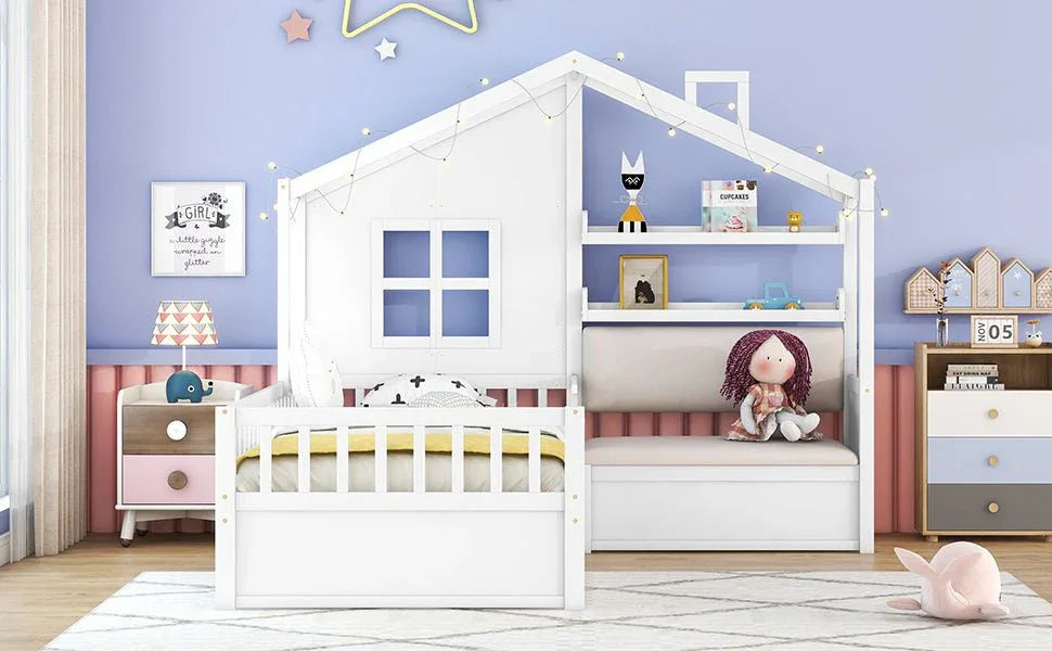 Twin Kids House Bed With Linen Sofa And Storage Drawers - Omega Lifestyles