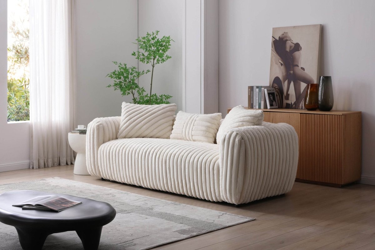 Upholstered White Boucle 3-Seat Plush Sofa - Sleep Galleria